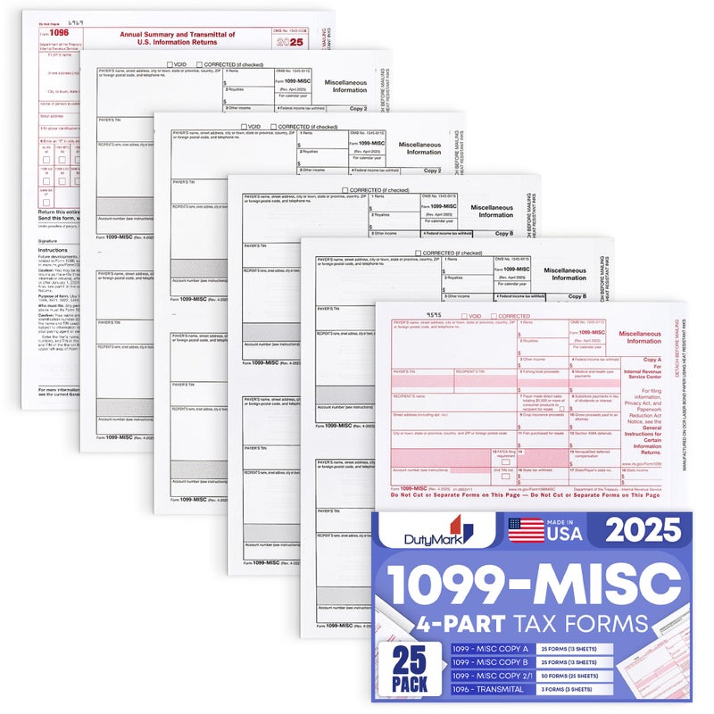 Dutymark 1099 MISC Forms 2025 Laser Tax Forms 4 Part Kit for 25 Individuals - Designed for QuickBooks and Accounting Software 1099 Misc 2025 - Image 1